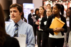 UW–Madison students and alumni aspire to stand out from the crowd, share resumes and talk with recruiters from employers participating in the Spring Career and Internship Fair, held at the Kohl Center.
