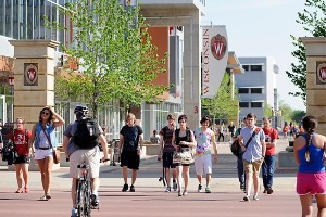 Students outside University Health Services, located in University Square complex and Student Services Tower at 333 East Campus Mall.