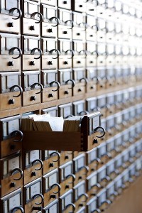 Photo of rows of card catalogue drawers at Memorial Library.