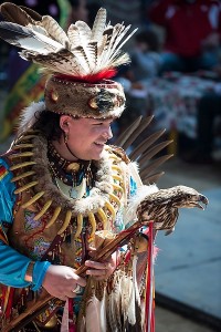 Joe Syrette, a member of the Objiwe tribe from Batchawana Bay, Ontario, dances during a powwow held at UW–Madison each spring. 