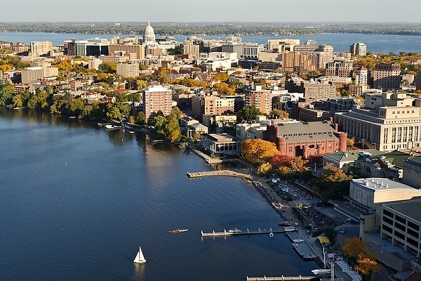 Aerial view of the Lake Mendota shoreline near campus.