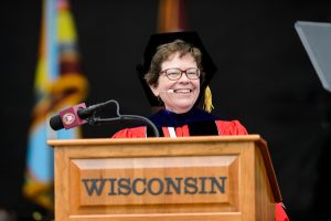 Chancellor Rebecca Blank addresses graduates and their families during UW-Madison's spring commencement ceremony at Camp Randall Stadium in 2016.