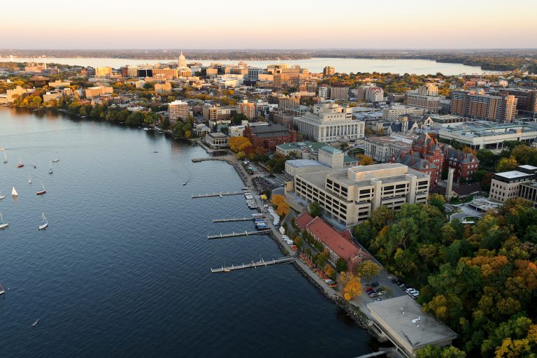 The Lake Mendota shoreline is pictured in an aerial view of the UW-Madison campus.