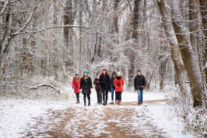 A group of students walk amid snow-dusted trees along a lakeshore path on Picnic Point in winter. 