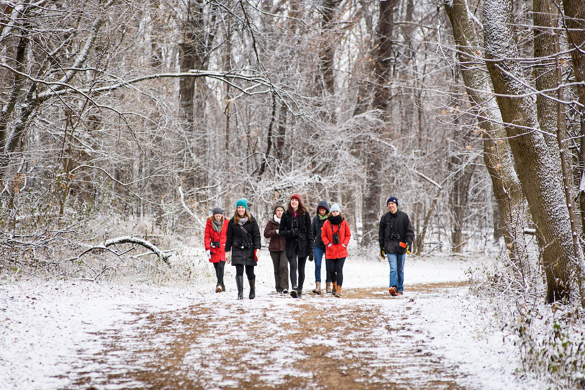 A group of students walk amid snow-dusted trees along a lakeshore path on Picnic Point in winter.