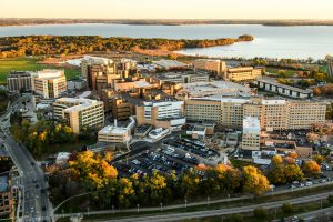 The UW-Madison campus, including the UW Hospitals and Clinics, are pictured in an aerial taken from a helicopter.