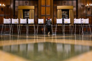 A student casts a midterm election vote at Tripp Commons in the Memorial Union.