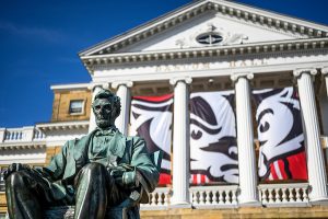 A statue of Abraham Lincoln sits in front of Bascom Hall.