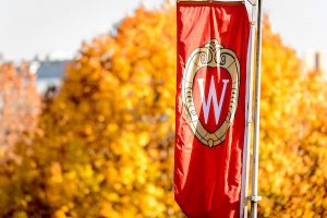 A W banner on a colorful tree-lined sidewalk on Bascom Hill.