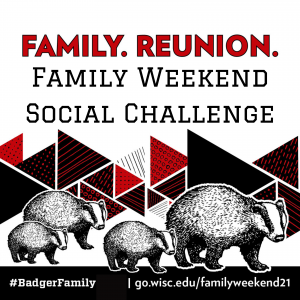family weekend social challenge graphic with four badgers