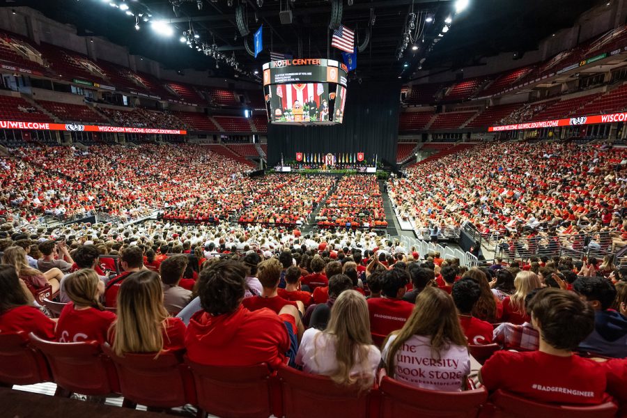 UW–Madison Chancellor Jennifer Mnookin addresses thousands of students seated throughout the Kohl Center.
