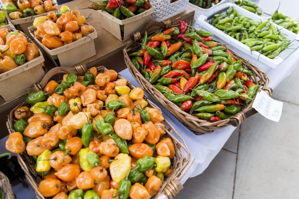 A variety of peppers in baskets out for sale on tables at the Farmers Market