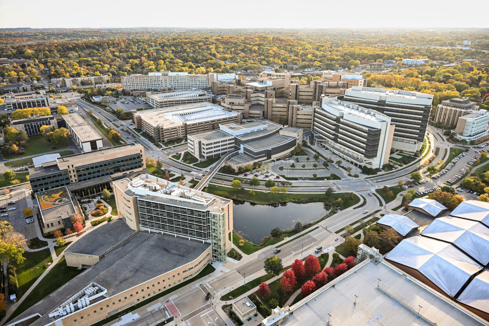 The medical complex on the west side of campus featuring UW Hospitals and Clinics is pictured in an aerial view.