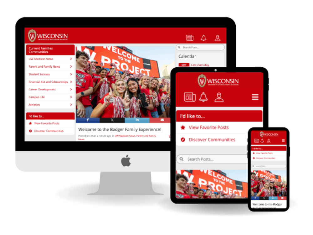 A mock up of the Badger Family Hub website featured on a desktop computer, a tablet, and a phone.