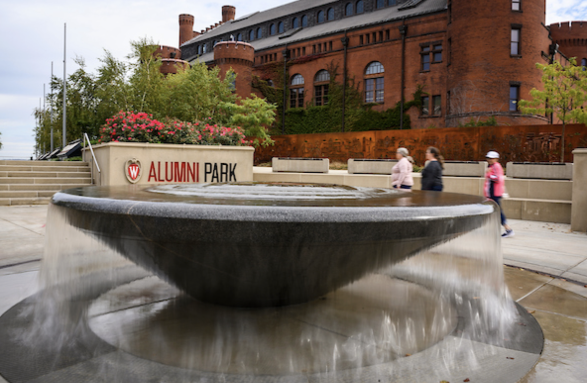 A water fountain is shown in front of Alumni Park